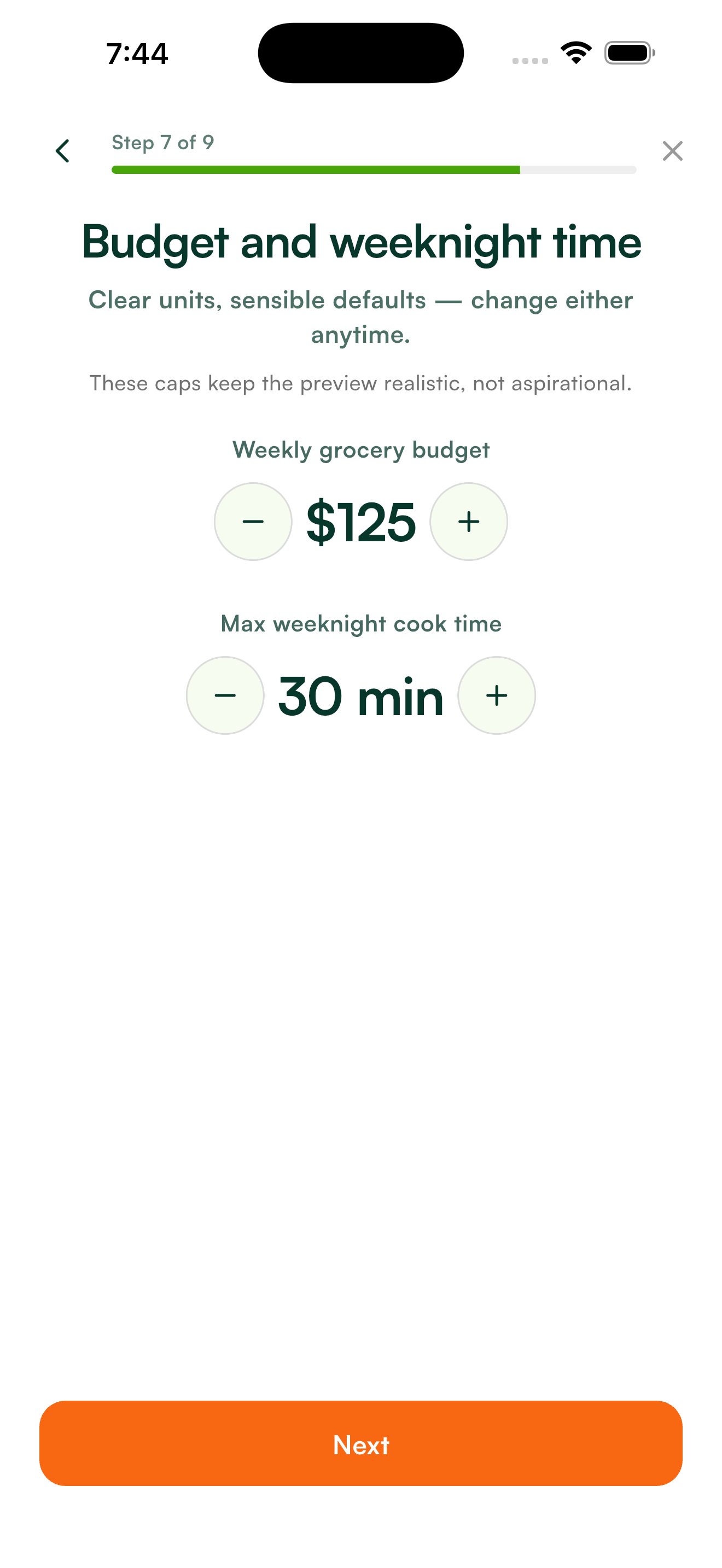 Tasteful onboarding screen asking for a weekly grocery budget