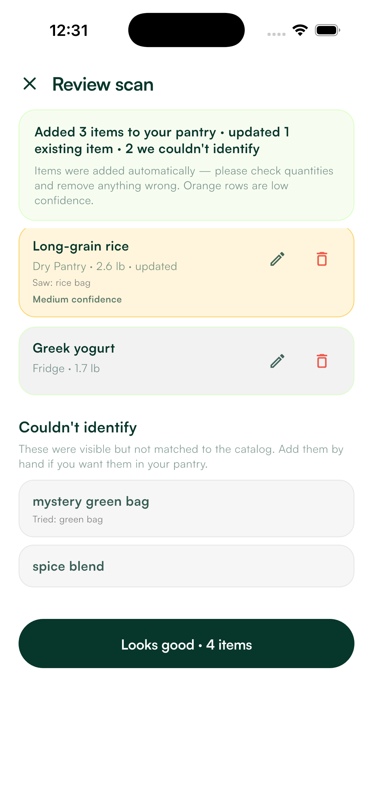 Tasteful pantry screen for tracking ingredients already at home